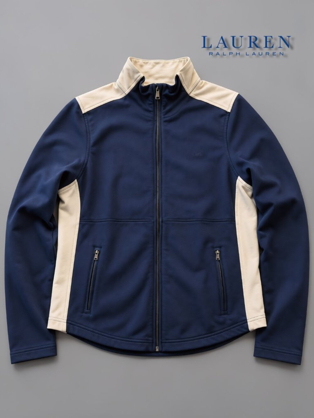 Lauren Ralph Lauren Navy Cream Color Block Full Zip Track Jacket Mock Neck XL